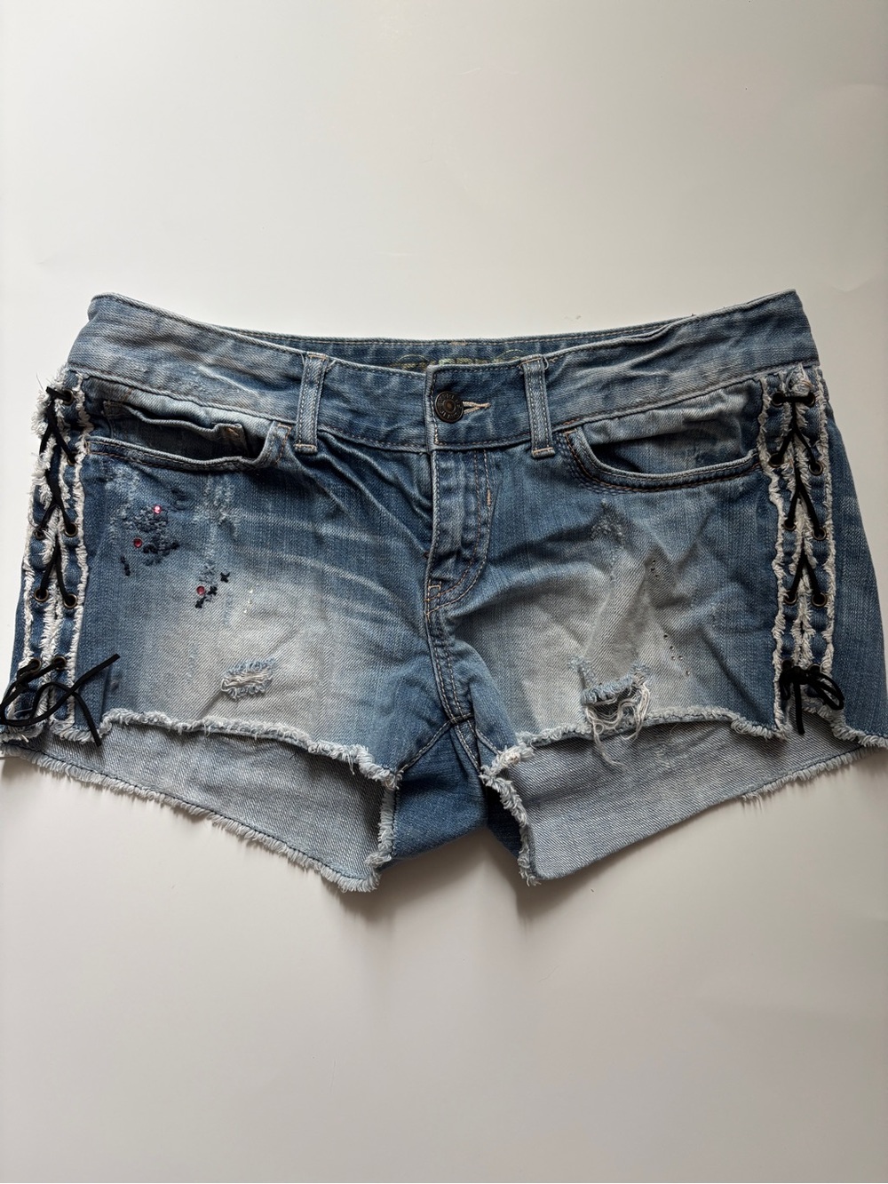 Y2K Express Light Blue Distressed Denim Lace-Up Women’s Shorts